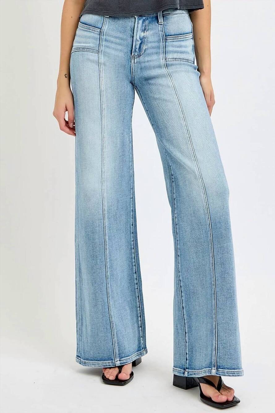 NEW RISEN mid rise wide leg jeans with front patch pockets in medium wash